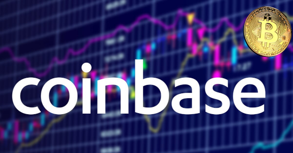 Coinbase cryptocurrency stock market name on abstract digital background